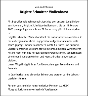 Anzeige von Brigitte Schmitter-Wallenhorst 