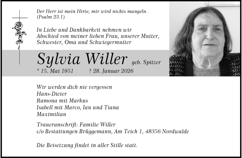  Traueranzeige für Sylvia Willer vom 07.02.2026 aus 