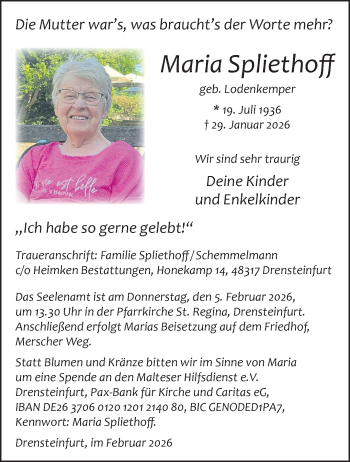 Anzeige von Maria Spliethoff 