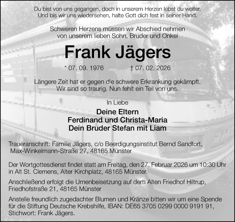  Traueranzeige für Frank Jägers vom 14.02.2026 aus 