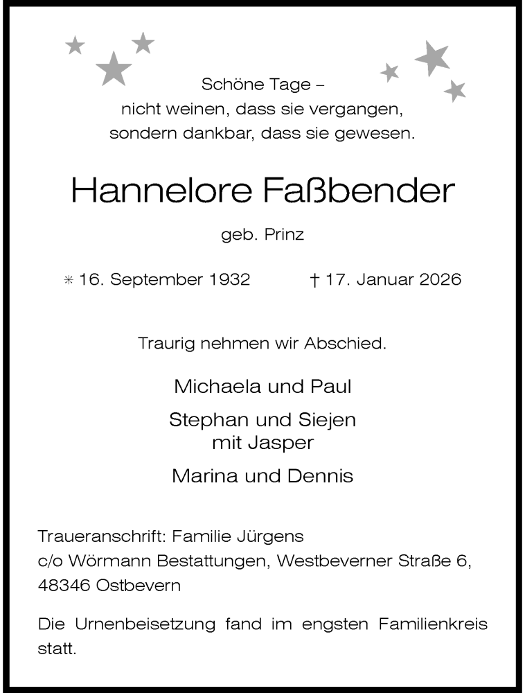 Traueranzeige für Hannelore Faßbender vom 14.02.2026 aus 