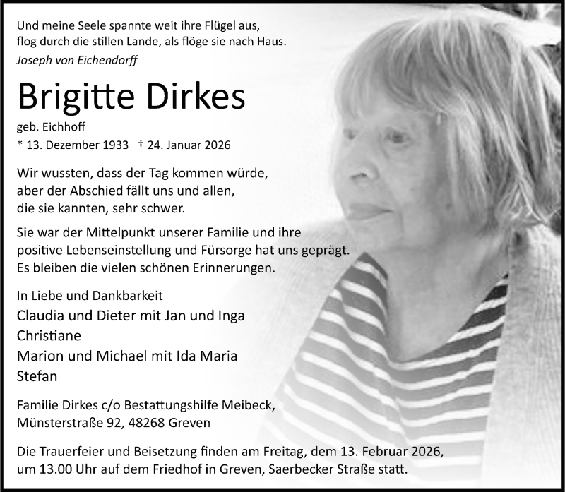  Traueranzeige für Brigitte Dirkes vom 07.02.2026 aus 