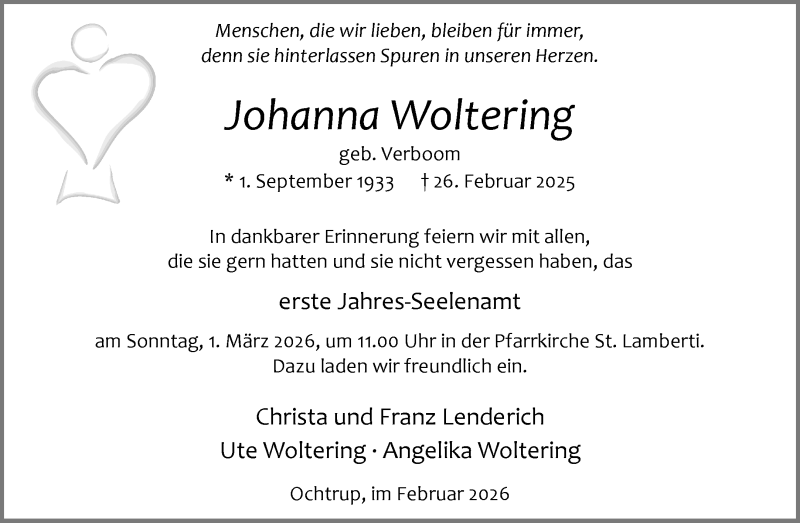  Traueranzeige für Johanna Woltering vom 25.02.2026 aus 