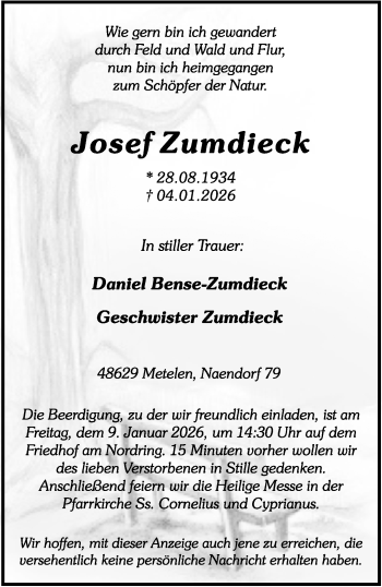 Anzeige von Josef Zumdieck 