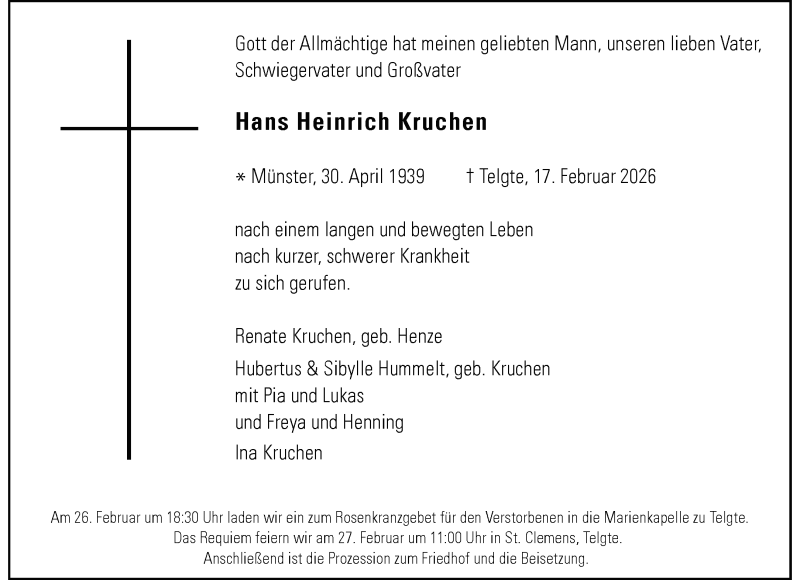  Traueranzeige für Hans Heinrich Kruchen vom 21.02.2026 aus 