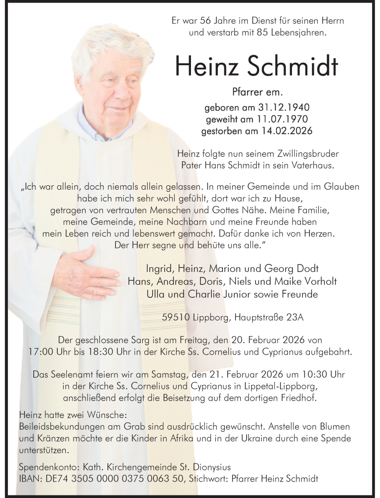  Traueranzeige für Heinz Schmidt vom 18.02.2026 aus 