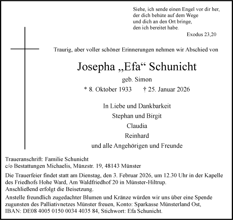  Traueranzeige für Josepha Schunicht vom 31.01.2026 aus 