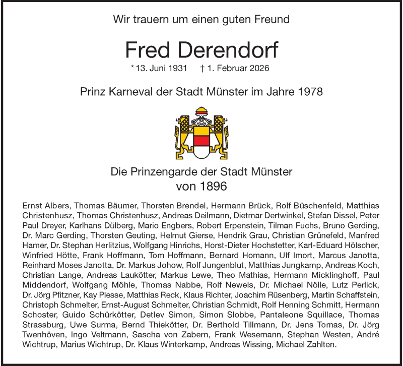  Traueranzeige für Fred Derendorf vom 07.02.2026 aus 
