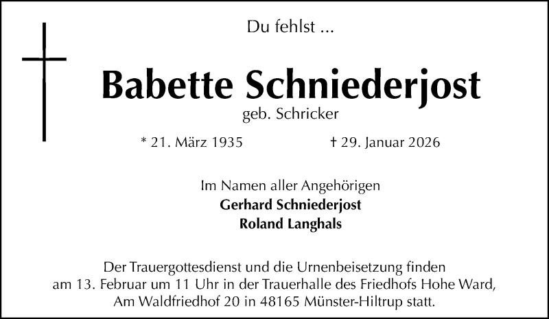  Traueranzeige für Babette Schniederjost vom 07.02.2026 aus 