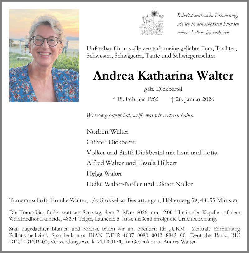  Traueranzeige für Andrea Katharina Walter vom 07.02.2026 aus 