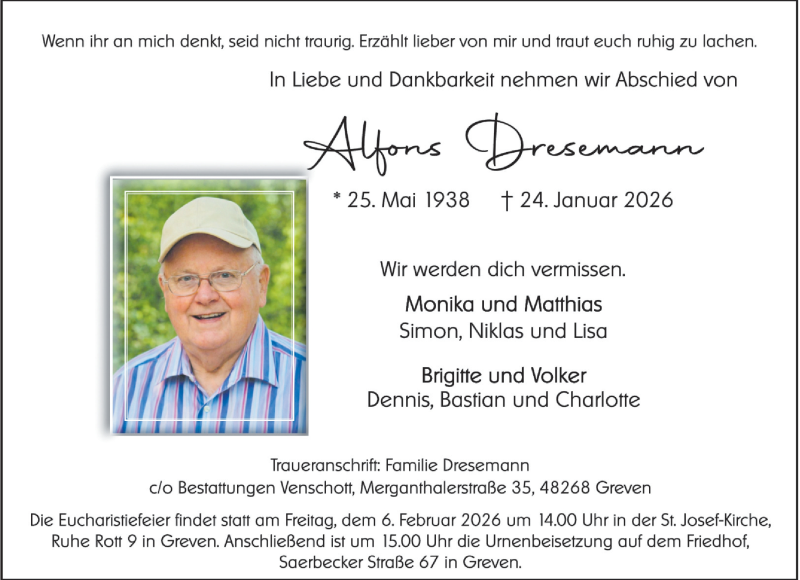  Traueranzeige für Alfons Dresemann vom 31.01.2026 aus 
