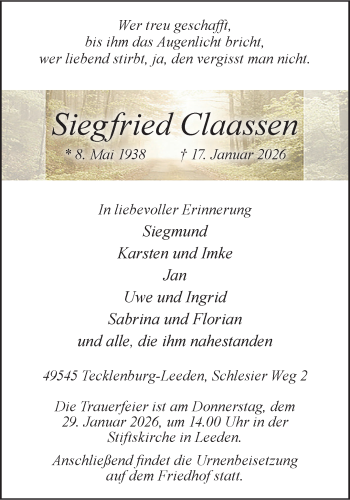 Anzeige von Siegfried Claassen 
