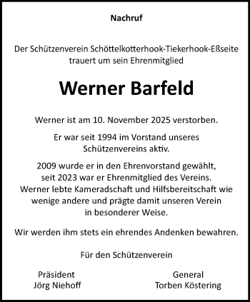 Anzeige von Werner Barfeld 