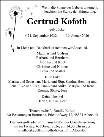 Anzeige von Gertrud Kofoth 