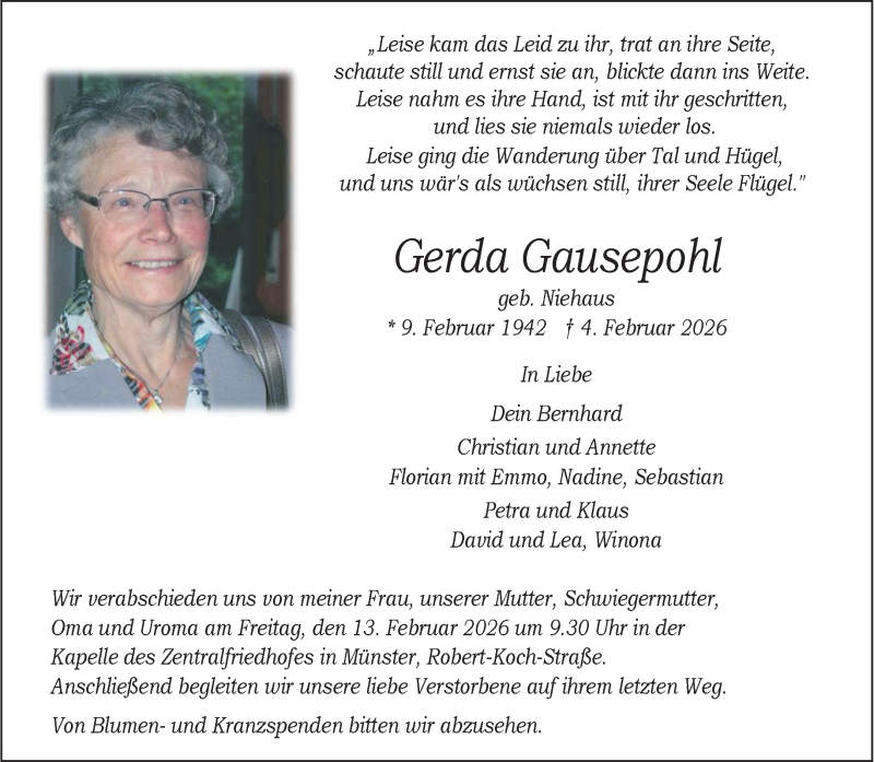  Traueranzeige für Gerda Gausepohl vom 07.02.2026 aus 