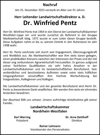 Anzeige von Dr. Winfried Pentz 