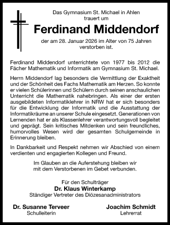 Anzeige von Ferdinand Middendorf 