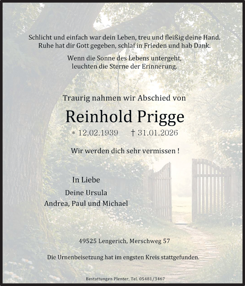  Traueranzeige für Reinhold Prigge vom 14.02.2026 aus 