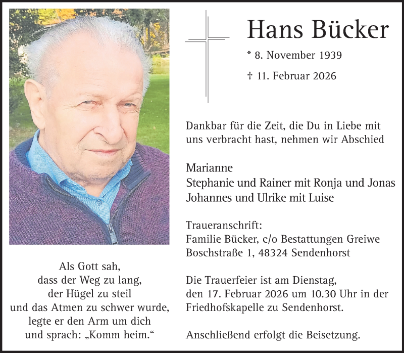  Traueranzeige für Hans Bücker vom 14.02.2026 aus 