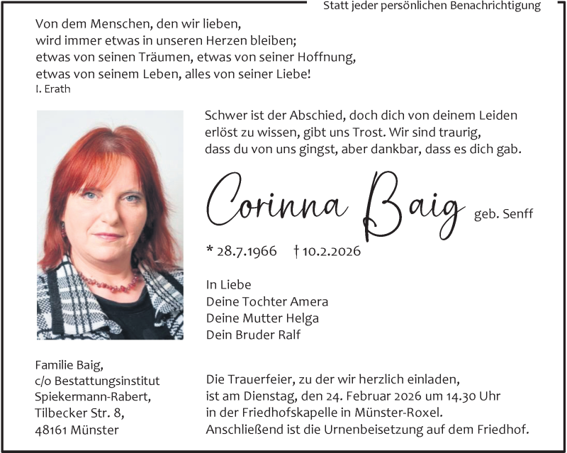  Traueranzeige für Corinna Baig vom 14.02.2026 aus 