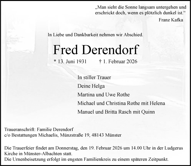  Traueranzeige für Fred Derendorf vom 07.02.2026 aus 