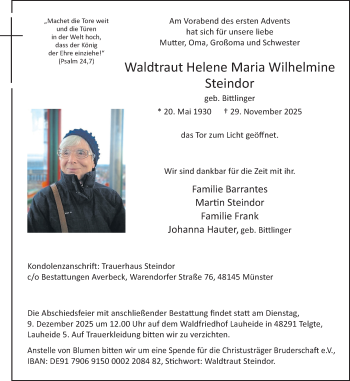 Anzeige von Waldtraut Helene Maria Wilhelmine Steindor 