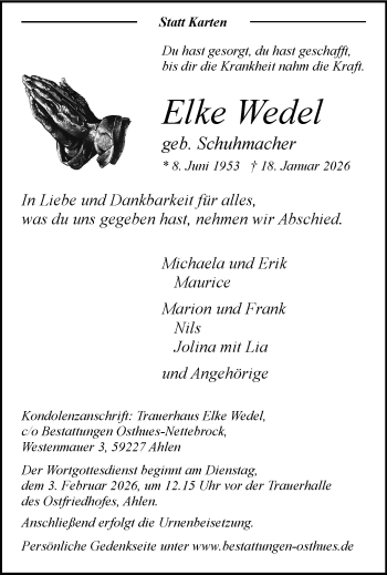 Anzeige von Elke Wedel 