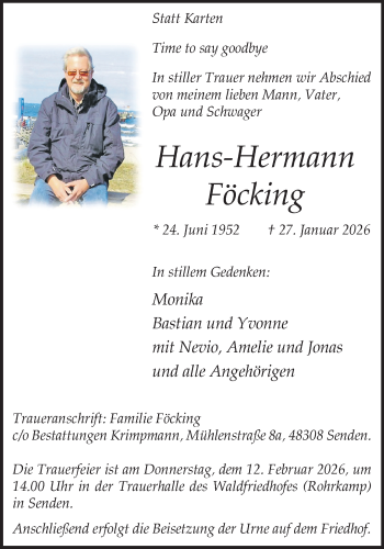 Anzeige von Hans-Hermann Föcking 