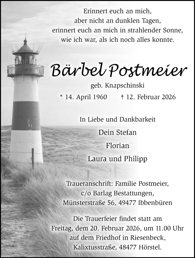  Traueranzeige für Bärbel Postmeier vom 17.02.2026 aus 