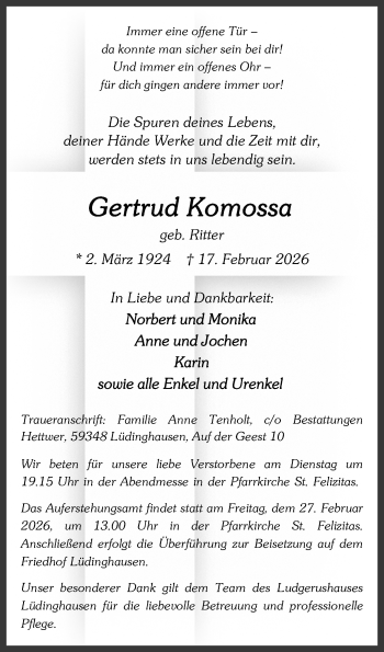 Anzeige von Gertrud Komossa 