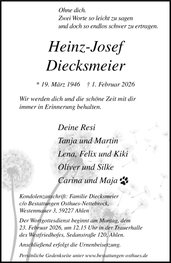 Anzeige von Heinz-Josef Diecksmeier 
