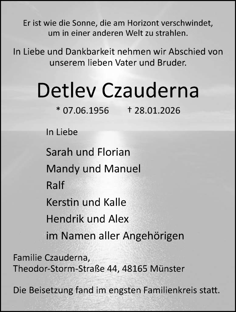  Traueranzeige für Detlev Czauderna vom 14.02.2026 aus 