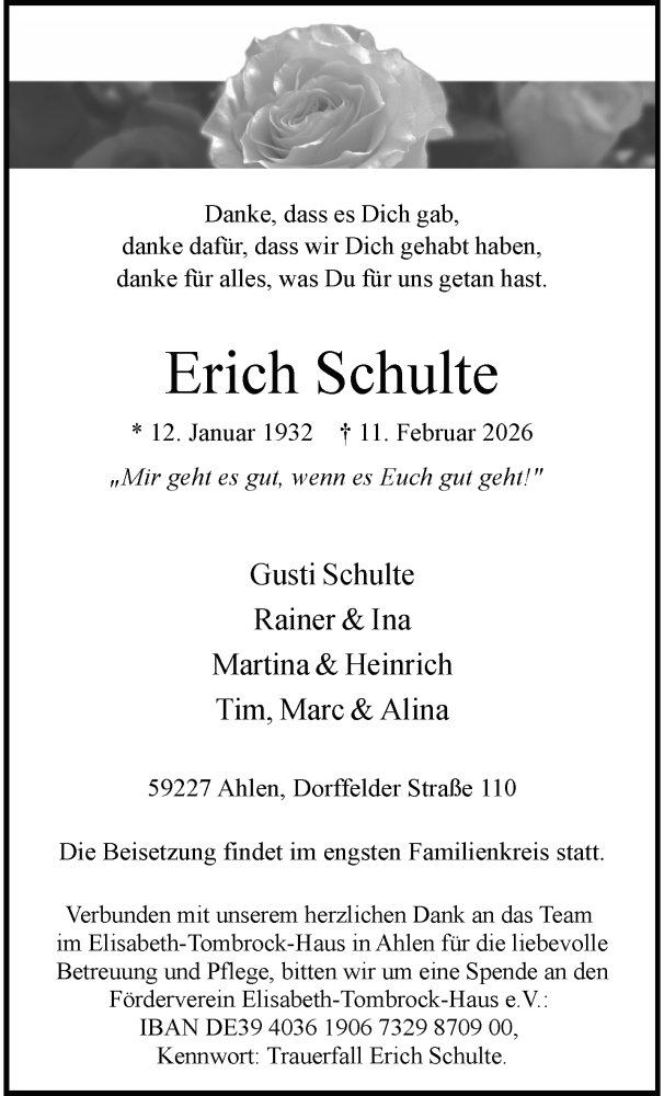  Traueranzeige für Erich Schulte vom 14.02.2026 aus 