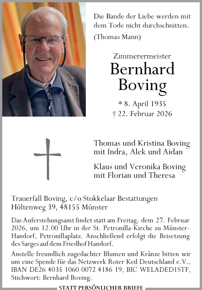  Traueranzeige für Bernhard Boving vom 25.02.2026 aus 