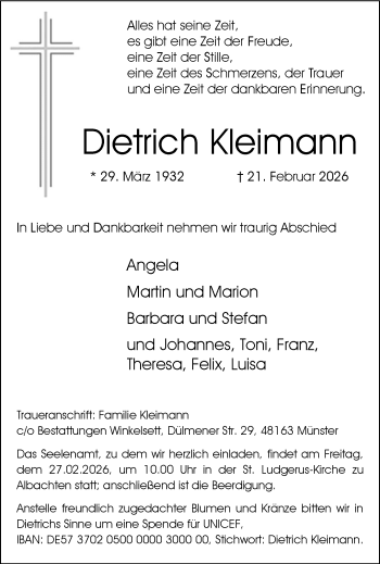 Anzeige von Dietrich Kleimann 