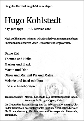 Anzeige von Hugo Kohlstedt 