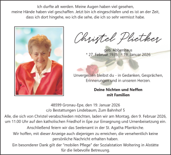 Anzeige von Christel Plietker 