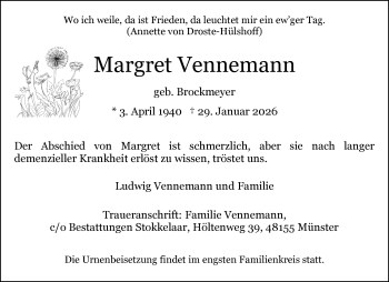 Anzeige von Margret Vennemann 