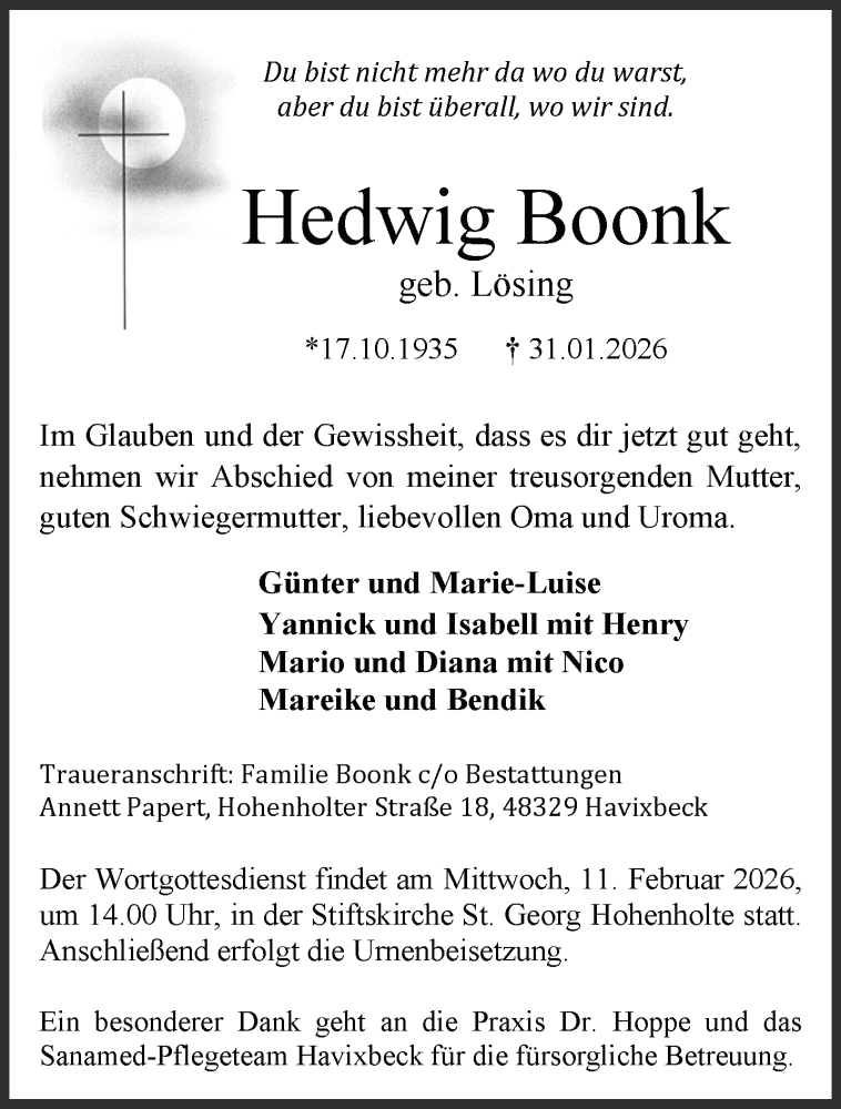  Traueranzeige für Hedwig Boonk vom 07.02.2026 aus 