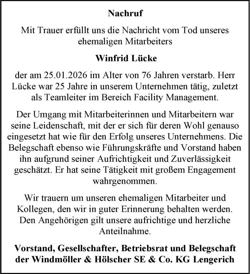  Traueranzeige für Winfrid Lücke vom 16.02.2026 aus 