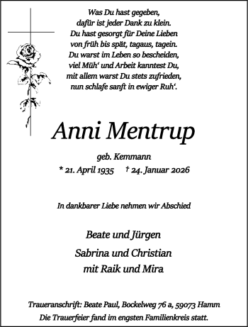 Anzeige von Anni Mentrup 