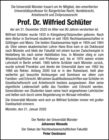 Anzeige von Prof. Dr. Wilfried Schlüter 