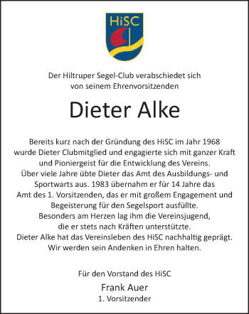 Anzeige von Dieter Alke 