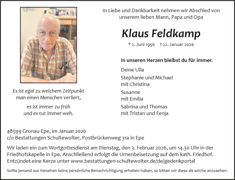  Traueranzeige für Klaus Feldkamp vom 29.01.2026 aus 