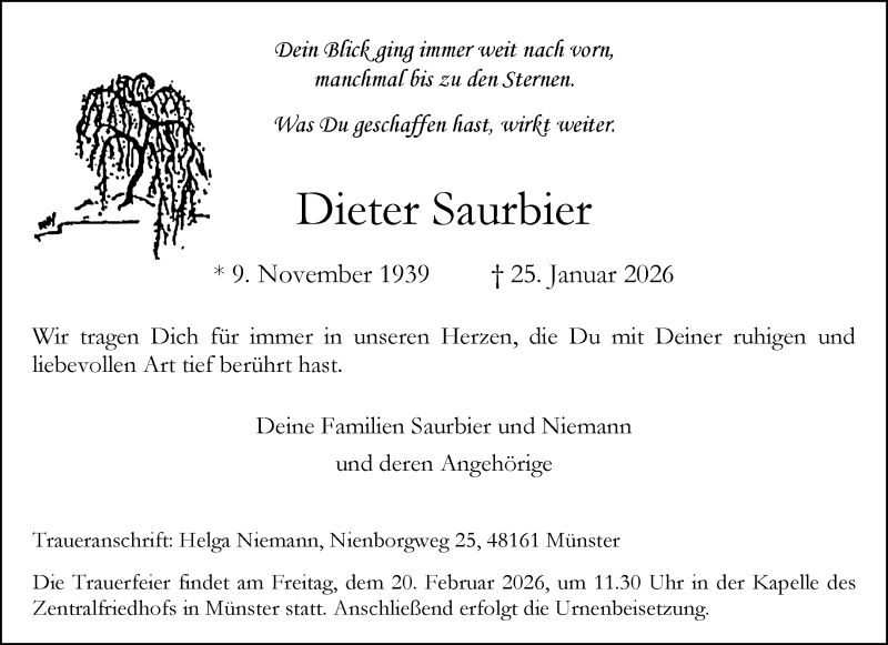  Traueranzeige für Dieter Saurbier vom 14.02.2026 aus 