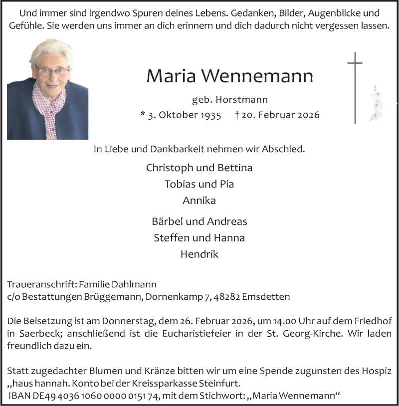  Traueranzeige für Maria Wennemann vom 24.02.2026 aus 