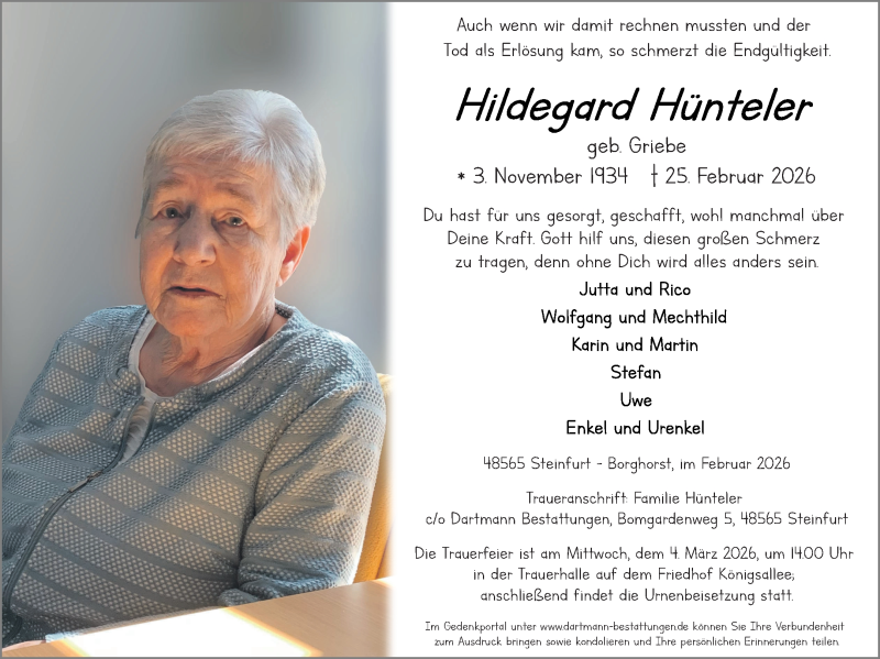  Traueranzeige für Hildegard Hünteler vom 28.02.2026 aus 