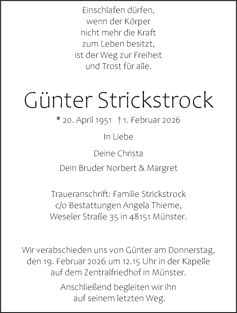  Traueranzeige für Günter Strickstrock vom 07.02.2026 aus 