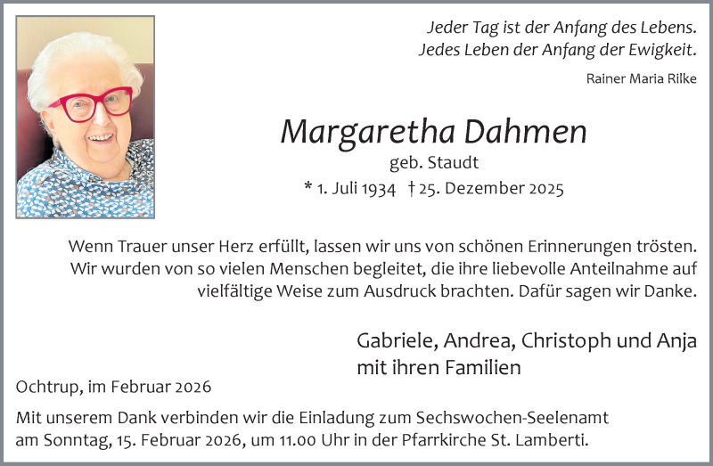  Traueranzeige für Margaretha Dahmen vom 11.02.2026 aus 