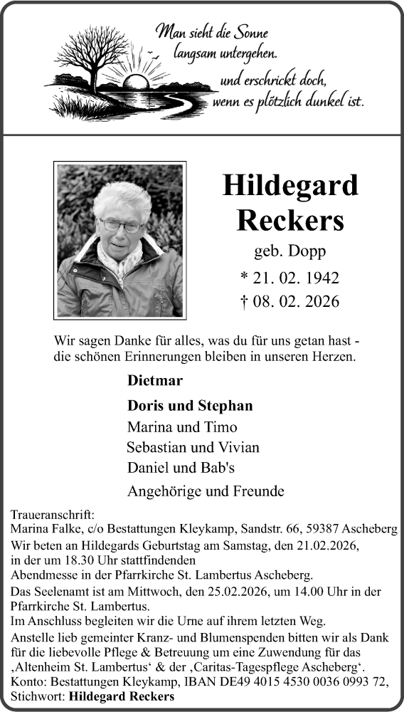  Traueranzeige für Hildegard Reckers vom 14.02.2026 aus 